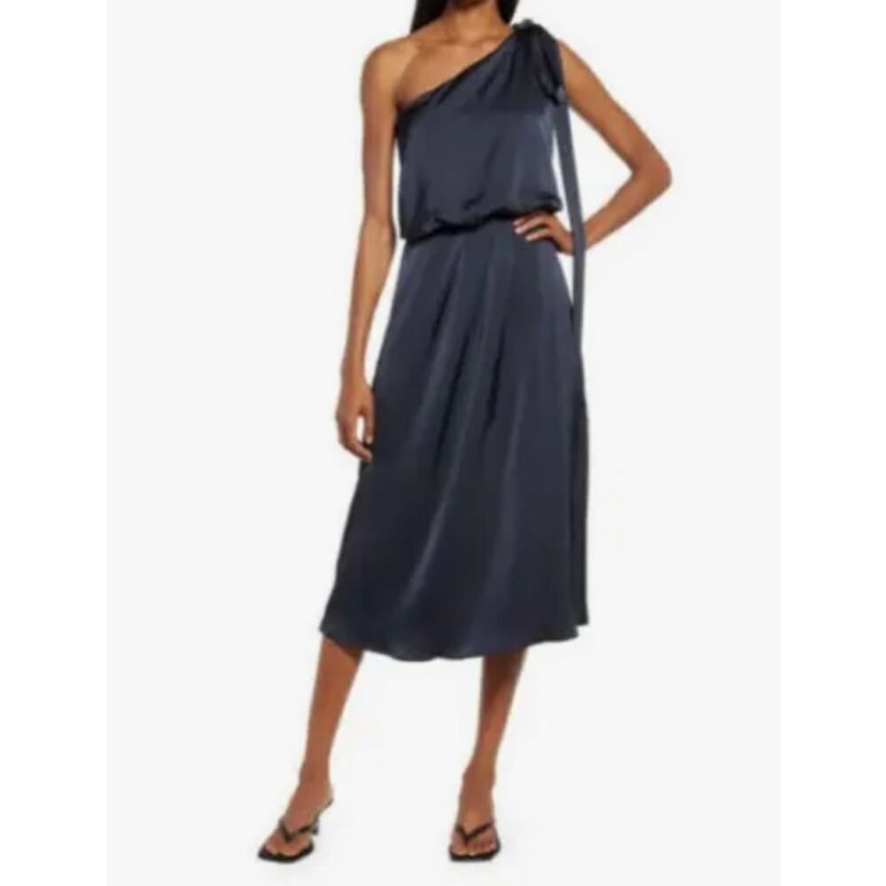 Amy Lynn Navy Blue One Shoulder Satin Midi Dress Women's Size Medium NWOT
